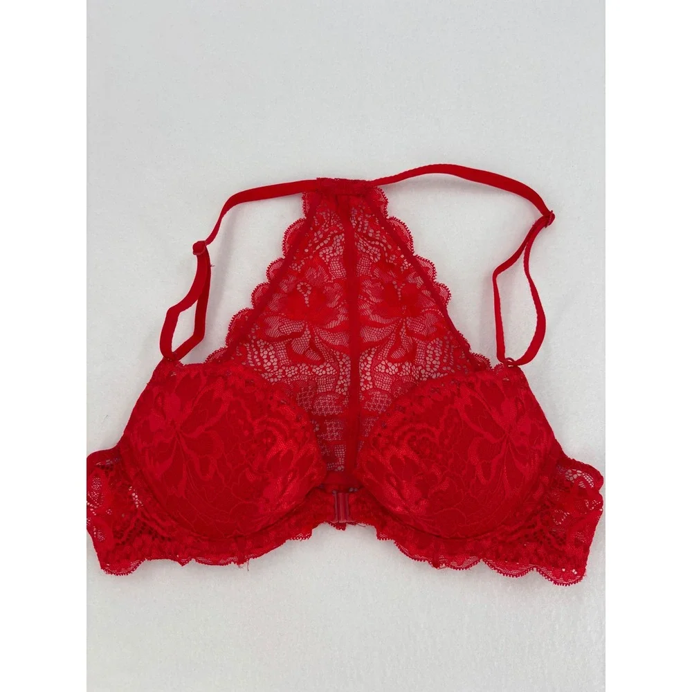 Victoria's Secret PINK Lace Push-Up Bra Womens 32A Red Racerback‎ Front Close